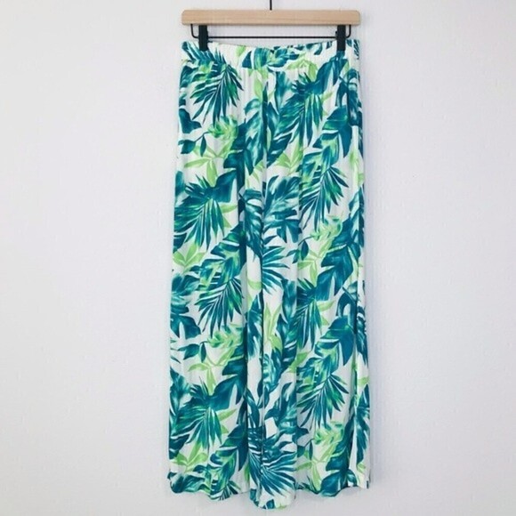 Mustard Seed Tropical Foliage High Waist Straight Leg Pull On Summer Beach Pants - Picture 2 of 11